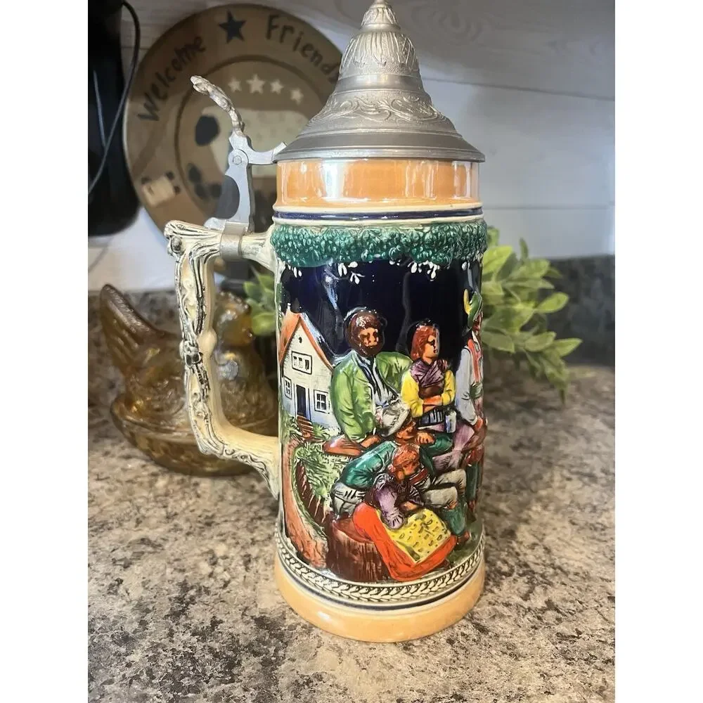Gerz Dance of the Mountain Tanz Auf Der Alm Lidded Beer Stein 10.5” Hand Painted
